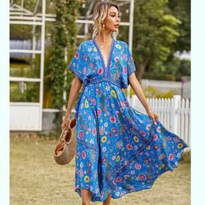 R. Vivimos Blue Floral Print Deep V Neck Midi Dress M Boho Fit & Flare Beach